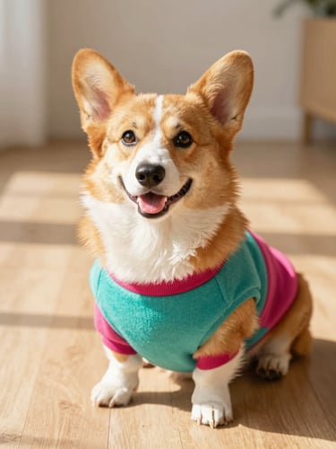 Bright natural light photo of a happy, smiling corgi dog sitting on a sunny wooden floor, wearing a colorful custom-fit teal and magenta sweater, warm tones, shallow depth of field