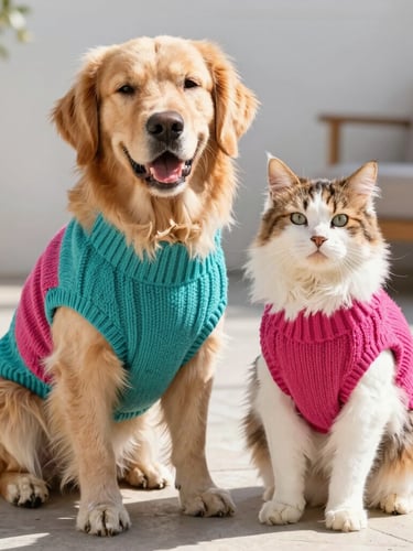 Bright natural light photography of a happy golden retriever and a fluffy calico cat sitting together on a sunny patio, wearing colorful custom-fit knit sweaters in teal and magenta, shallow depth of field