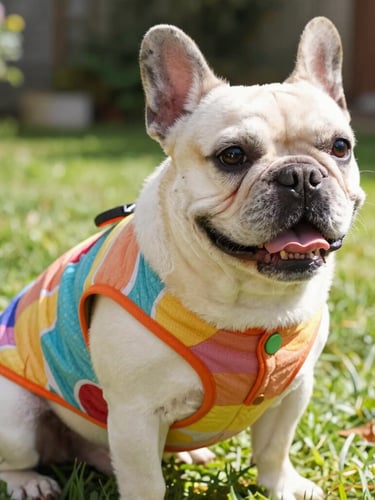 Close-up portrait of a cheerful French Bulldog wearing a colorful handcrafted vest, sitting in a sun-drenched grassy garden, bright natural daylight, showing the fine texture of the fabric.