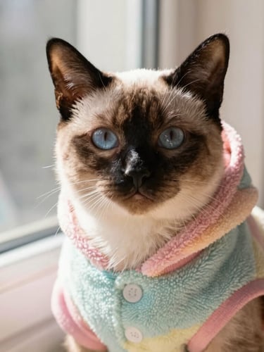 Close-up portrait of a calm Siamese cat wearing a soft pastel-colored custom fleece hoodie, resting near a sunlit window, warm tones, shallow depth of field.