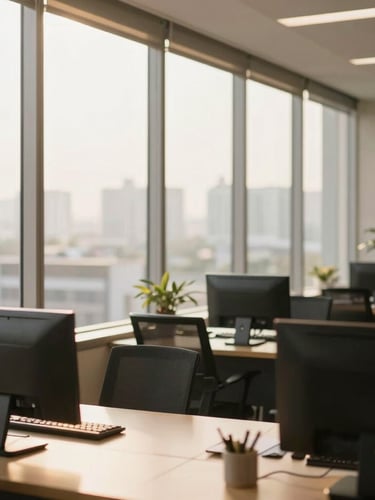 A bright, modern corporate office in Thailand, professional administrative setting, warm golden-hour light filtering through large windows, 35mm lens