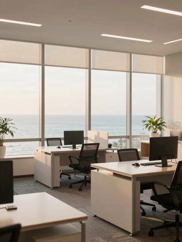 A bright, modern executive office interior in Pattaya with minimalist furniture, large windows showing soft coastal daylight, professional setup.
