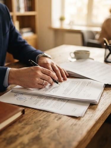 Close-up of professional hands reviewing structured legal contracts on a warm wooden desk, soft natural light, 35mm lens