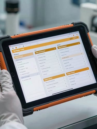 A close-up of a ruggedized industrial tablet displaying structured SOP interfaces with amber highlights, held by a gloved hand in a cleanroom biotech logistics setup.