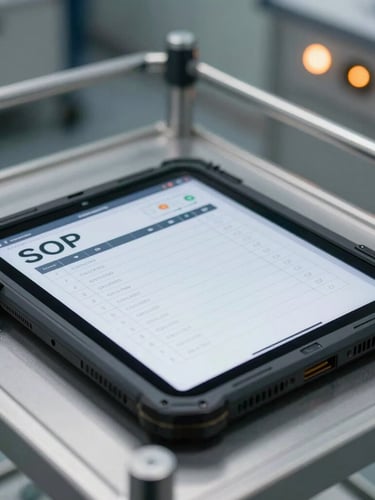A close-up of a ruggedized industrial tablet displaying a structured SOP checklist, resting on a cleanroom metal cart, soft amber LED indicator lights in the background.