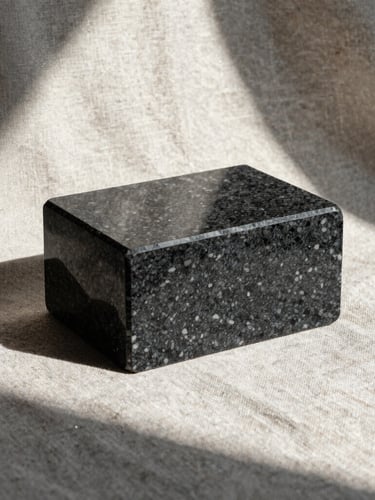 Hard natural light casting sharp diagonal shadows across a textured raw linen canvas and a block of dark Wyoming granite.