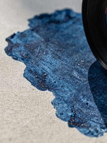 Extreme close-up of textured raw linen paper with deep indigo ink impressions, hard side-lighting casting long dramatic shadows.