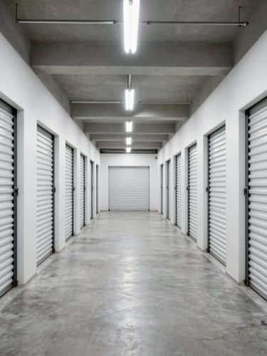 Symmetrical wide-angle architectural photograph of a spotless, brightly lit self-storage warehouse corridor in Dubai, white overhead facility lighting, clean concrete floors, secure metal roller doors.