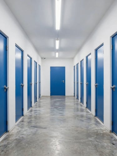 Wide-angle architectural photography of a spotless, brightly lit self-storage corridor with polished concrete floors and symmetrical blue doors under clean white LED lighting.