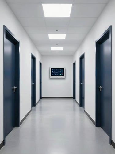 Wide symmetrical perspective of a spotless, brightly lit warehouse corridor with climate-control monitoring interfaces on the wall, clean white overhead lighting, high-contrast navy doors.