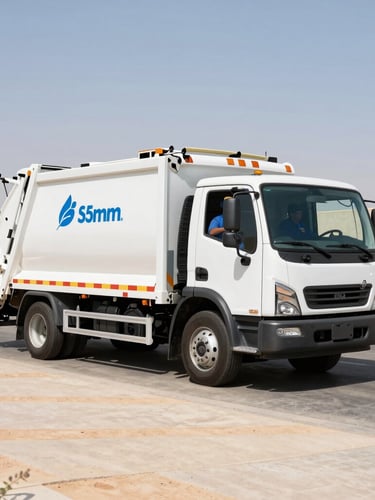 A clean, branded rubbish removal truck parked on a pristine Arabian Ranches driveway, bright desert daylight, sharp focus, 35mm