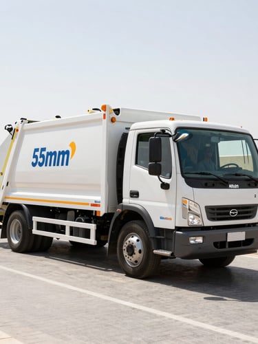 A clean branded waste removal truck parked on a pristine paved driveway in Arabian Ranches under bright high-contrast desert daylight, 35mm commercial photography