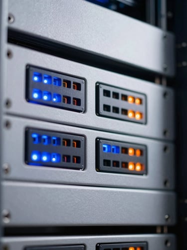 Close-up macro shot of clean server racks with glowing electric blue and vibrant orange indicator lights, sharp architectural lines, minimalist composition, 35mm lens