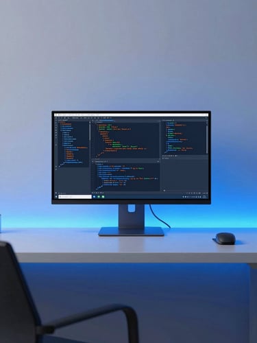 Minimalist clean workspace with complex code displayed on a high-resolution monitor, sharp focus, vibrant electric blue gel lighting, architectural lines.