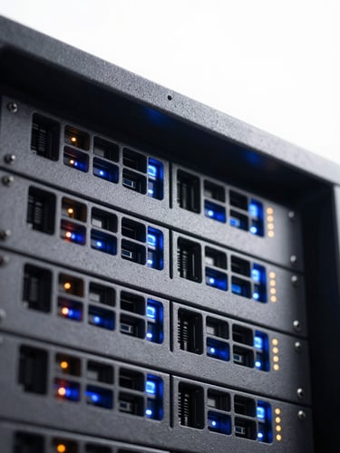 Close-up macro of server rack with glowing electric blue and orange indicator lights, crisp high-key studio light, sharp focus, minimalist tech composition, 35mm lens