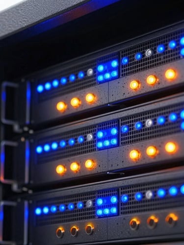 Macro close-up of server racks with glowing electric blue and vibrant orange indicator lights, structured architectural lines, sharp focus, high-key studio lighting.