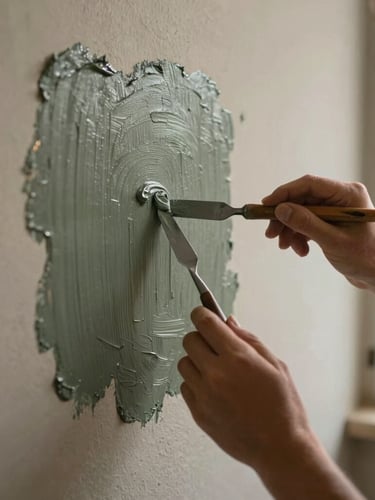 Artist hands applying thick oil paint onto a textured plaster wall with a palette knife, warm natural light, close-up