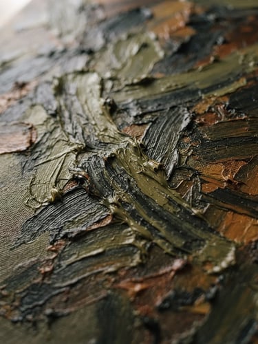 Macro close-up of thick, textured oil paint strokes on canvas, rich earth tones of olive and charcoal, soft side lighting emphasizing the physical ridges of the paint.