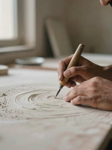 The artist's hands holding a carving tool, working on a textured plaster surface in a sunlit Cairo studio, shallow depth of field