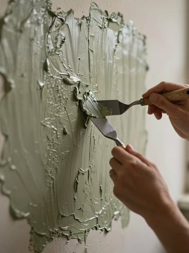 The artist's hands using a steel palette knife to apply thick oil pigment and plaster onto a heavily textured wall, warm natural light.