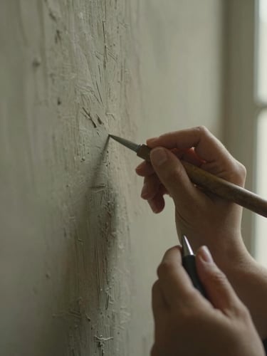 Macro close-up of Hanan Fekry's hands holding a carving tool, working on a textured plaster wall, soft side-lit window daylight, muted olive and charcoal tones, shallow depth of field.