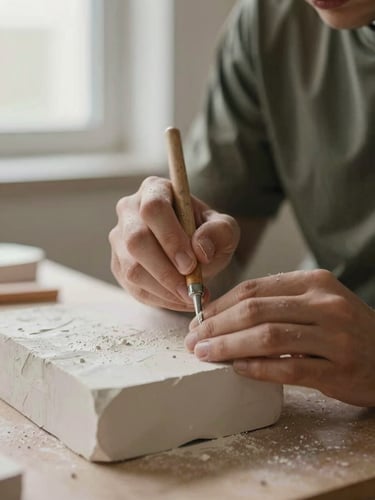 Hands of an artist holding a carving tool, working on a textured plaster block, soft studio light, shallow depth of field, warm editorial photography
