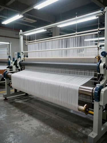 Wide environmental shot of an air-jet loom in full operation on a production floor, shot from a low angle under cool industrial fluorescent lighting; fine shirting fabric being woven visible across the full reed width, mechanical components sharply rendered, no operators in frame, neutral factory concrete floor visible in foreground