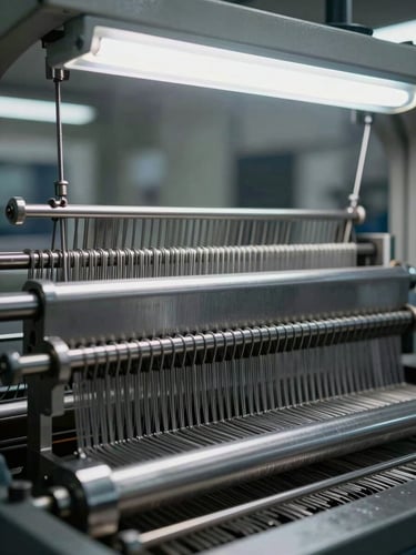 Extreme close-up of a rapier loom's steel heddle frame and weft insertion mechanism under industrial fluorescent light, precision-machined metal surfaces in sharp focus, cool grey tones, factory floor visible as blurred background, no operators, no warmth