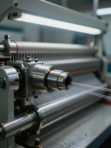 Extreme close-up of an air-jet loom nozzle assembly mounted on the reed, shot from the left side under cool industrial fluorescent light; steel components fill the frame, fine weft yarn visible threading through the nozzle aperture, shallow depth of field isolating the precision machined surfaces against a blurred factory floor background