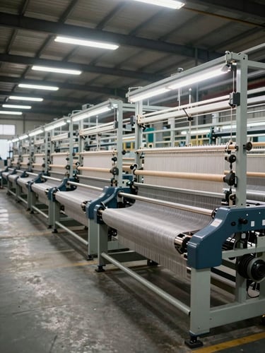 Wide environmental shot inside a large industrial weaving machine factory, rows of steel loom frames under high-bay fluorescent lighting, concrete floor, neutral factory atmosphere, no workers, no warmth in the light