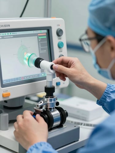 Crisp macro shot of a biomedical engineer in a sterile blue uniform calibrating a medical ventilator screen, bright clinical lighting, high contrast, focused on hands and mechanical joints.