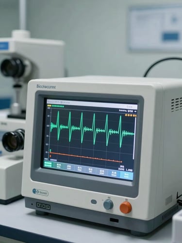Biomedical testing equipment displaying waveforms on a screen, clinical background, precise focus, sterile environment.