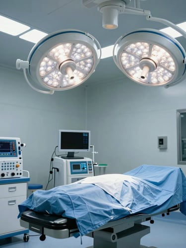 Crisp wide-angle shot of a sterile operating room with advanced surgical lights and anesthesia equipment, cool clinical lighting, negative space on the right
