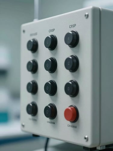 Crisp macro shot of a medical equipment control panel, sterile environment with cool-toned professional lighting, high-contrast details.