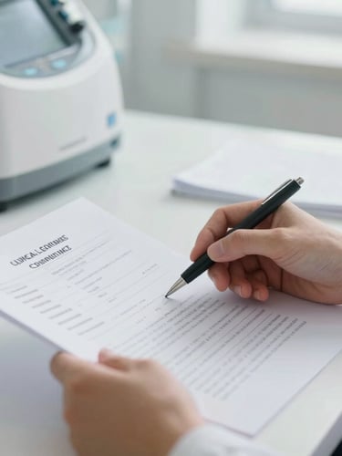 Technical specialist reviewing clinical compliance documents on a clean white desk, medical device visible in the background, bright clinical daylight.