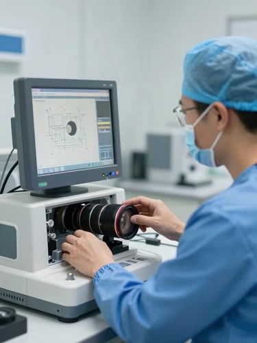 Biomedical engineer in clean blue uniform calibrating a medical monitor interface, bright clinical daylight, macro detail of physical machinery