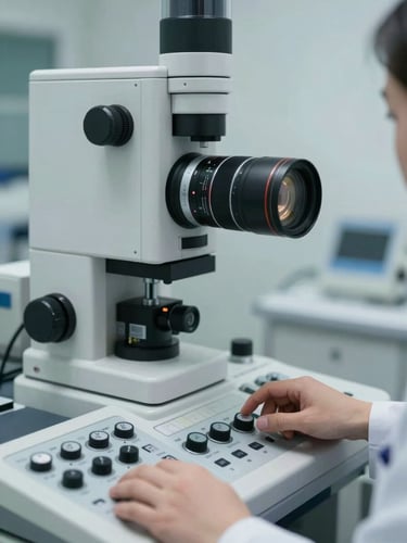 Close-up of a biomedical engineer calibrating a high-end endoscopy system console, clean sterile background, cool clinical lighting, sharp focus on control dials.
