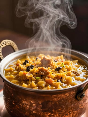 Close-up of steam rising from a traditional copper serving vessel filled with rich dal, warm side-lighting, shallow depth of field.