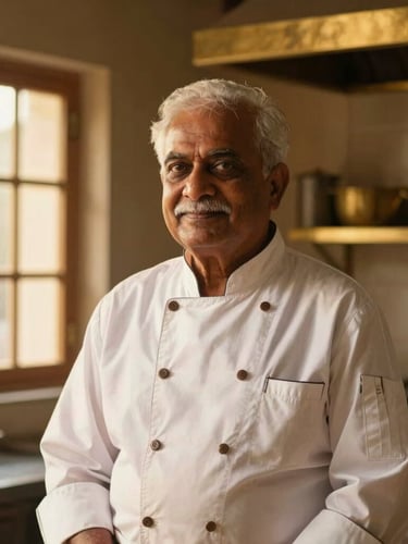 Warm editorial portrait of a senior Indian chef in a traditional kitchen, soft golden-hour side light filtering through brass windows, rich maroon and gold tones, shallow depth of field
