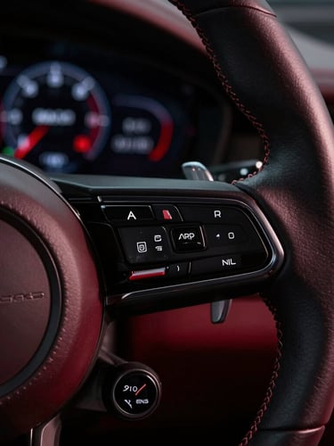 Macro extreme close-up of a premium leather steering wheel and glowing digital dashboard, high-contrast studio lighting, deep shadows, rich crimson accents, sleek automotive photography