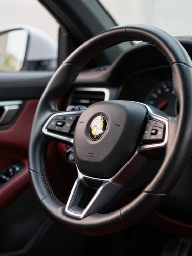 Detailed close-up of a clean car dashboard and leather steering wheel, soft natural light coming through the windshield, professional automotive photography