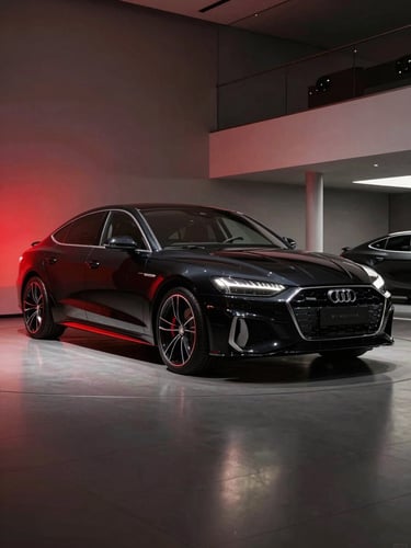 Low-angle heroic shot of a polished modern sports sedan parked in a clean minimalist showroom, dramatic studio lighting with deep shadows and subtle crimson reflections