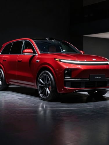 Low-angle heroic shot of a polished modern SUV inside a minimalist showroom, dramatic studio lighting casting deep shadows on deep charcoal floor, 50mm lens