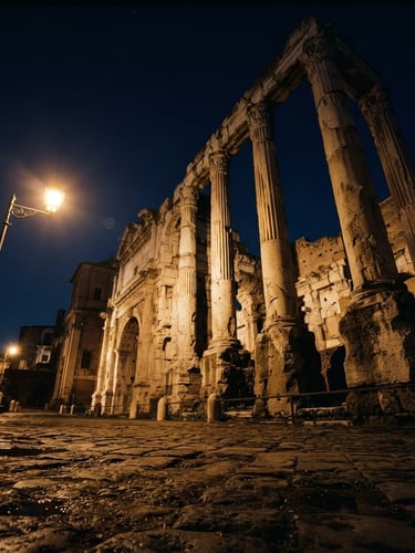 Cinematic low-angle shot of ancient stone ruins at twilight, warm gold streetlamp glow casting long shadows, deep obsidian sky, 35mm photography