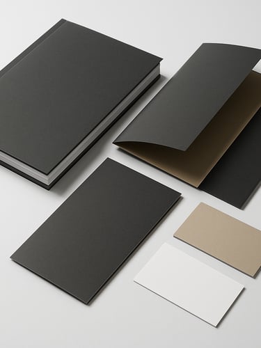 Flat-lay of premium printed collateral — a hardcover book, folded brochures, and business cards fanned on a white surface under cool even studio light, showing crisp ink edges and matte and gloss finish contrast
