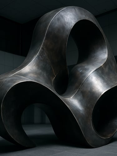Close-up wide shot of a large polished FRP and steel sculptural installation inside a corporate atrium, cool studio-grade overhead lighting catching weld seams and surface patina, deep blacks and sharp highlights, no people, architectural negative space to the upper left