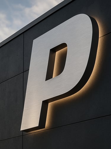 Wide environmental shot of a large-scale 3D backlit metal sign installed on a dark commercial building facade, cool daylight, extreme right framing, sharp material detail on brushed steel lettering