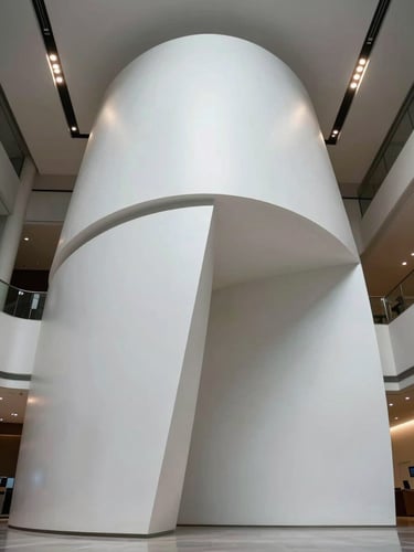 Extreme wide-angle view of a large FRP sculptural installation in a corporate lobby, metallic white finish, cool shadowless overhead lighting, camera positioned at floor level looking up to emphasize scale, no people, sharp edge detail on curved surface transitions