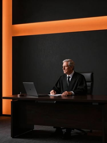 Dramatic side-lit portrait of a senior lawyer in a dark minimalist office, warm orange lighting accents, sharp architectural lines, 35mm