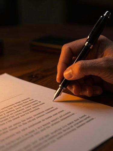 Macro shot of a fountain pen signing a corporate contract on a dark wooden desk, subtle warm orange side lighting, moody corporate atmosphere, 35mm